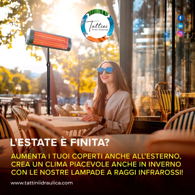 Gestisci un locale? Mantieni attive le postazioni all’esterno:
L’ESTATE PUÒ CONTINUARE ANCHE IN INVERNO CON LE NOSTRE LAMPADE A RAGGI INFRAROSSI!

Contattaci per un preventivo!
📞 0542/641549
Via I° Maggio 70/A, Imola, BO

#riscaldamento #lampadeinfrarossi #locali #bar #ristorante #autunno #esterno  #lampadeainfrarossi #dehors #clima #climagradevole #comfort #temperatura #inverno
